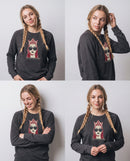 gravisk Crowned graphic sweatshirt in organic cotton. Cream and burgundy portrait with dark sunglasses and a geometric crown.