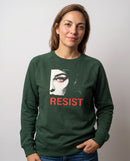 gravisk Resist v1 graphic sweatshirt in organic cotton. Half a face with one open eye, red lashes and the word resist in worn red.