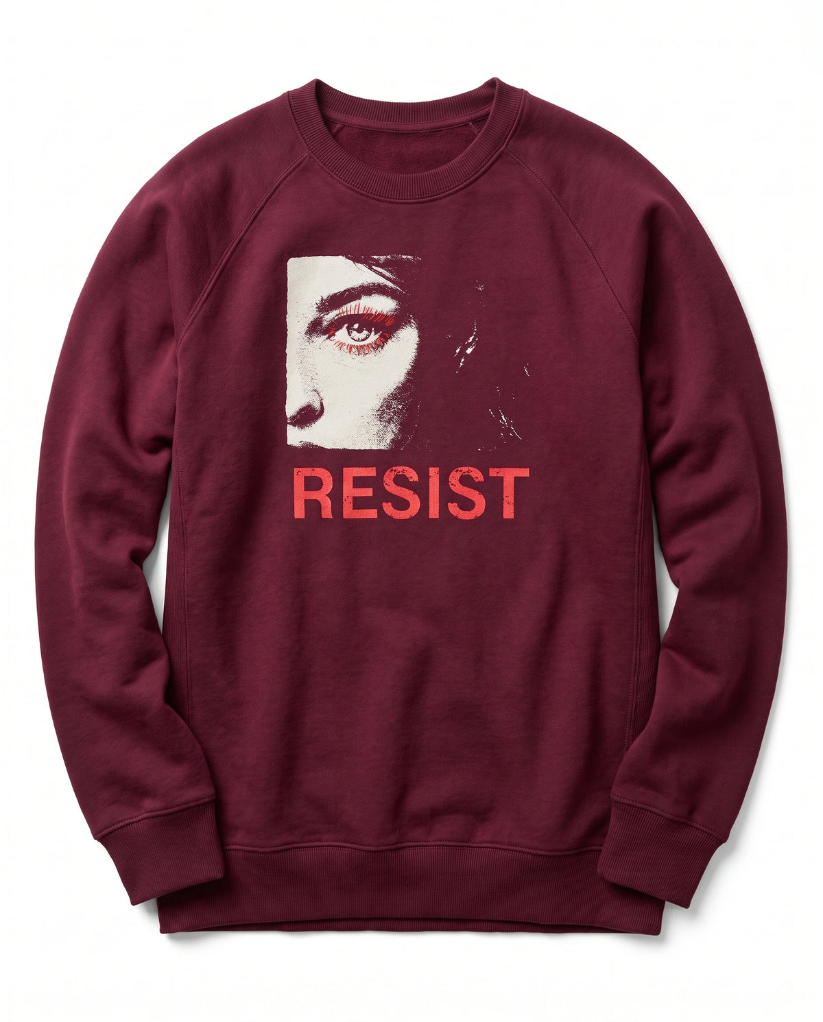 gravisk Resist v1 graphic sweatshirt in organic cotton. Half a face with one open eye, red lashes and the word resist in worn red.