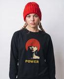 gravisk True Power graphic sweatshirt in organic cotton. Minimal portrait with a red bob and the words true power in gold.