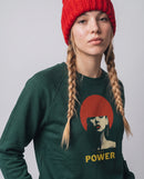 gravisk True Power graphic sweatshirt in organic cotton. Minimal portrait with a red bob and the words true power in gold.