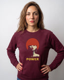 gravisk True Power graphic sweatshirt in organic cotton. Minimal portrait with a red bob and the words true power in gold.