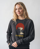 gravisk True Power graphic sweatshirt in organic cotton. Minimal portrait with a red bob and the words true power in gold.
