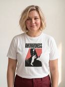 gravisk Awkwardness organic graphic tee. Heavy gothic type, a hand over the face, a red diamond cutting through.