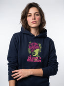 gravisk Design Is Rebellion graphic hoodie in organic cotton. Baroque portrait in acid green with a magenta citrus slice, DESIGN IS REBELLION in hot pink.