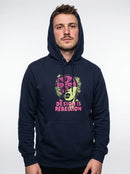 gravisk Design Is Rebellion graphic hoodie in organic cotton. Baroque portrait in acid green with a magenta citrus slice, DESIGN IS REBELLION in hot pink.