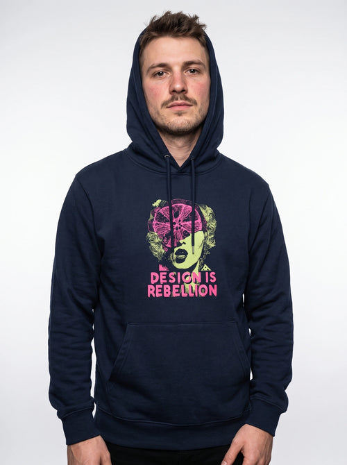 gravisk Design Is Rebellion graphic hoodie in organic cotton. Baroque portrait in acid green with a magenta citrus slice, DESIGN IS REBELLION in hot pink.