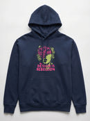 gravisk Design Is Rebellion graphic hoodie in organic cotton. Baroque portrait in acid green with a magenta citrus slice, DESIGN IS REBELLION in hot pink.
