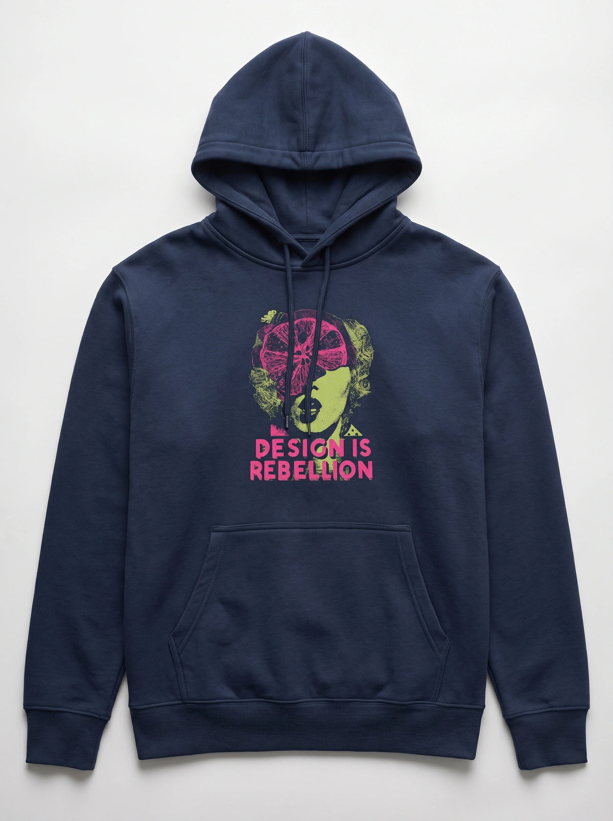 gravisk Design Is Rebellion graphic hoodie in organic cotton. Baroque portrait in acid green with a magenta citrus slice, DESIGN IS REBELLION in hot pink.