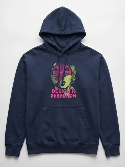 gravisk Design Is Rebellion graphic hoodie in organic cotton. Baroque portrait in acid green with a magenta citrus slice, DESIGN IS REBELLION in hot pink.