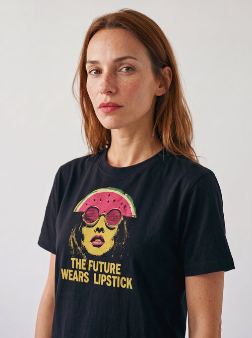 Person trägt das gravisk The Future Wears Lipstick Grafik-T-Shirt, Porträt im Plakatstil mit senfgelber Schrift.