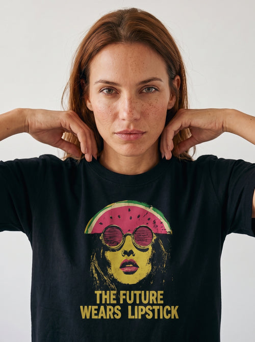 gravisk The Future Wears Lipstick Grafik-T-Shirt aus Bio-Baumwolle, getragen. Pop-Art-Porträt mit kräftigen Lippen, runder Sonnenbrille und Wassermelonen-Krone.