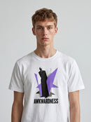 gravisk Awkwardness organic graphic tee. A dark figure in front of a lavender starburst, AWKWARDNESS in black caps below.