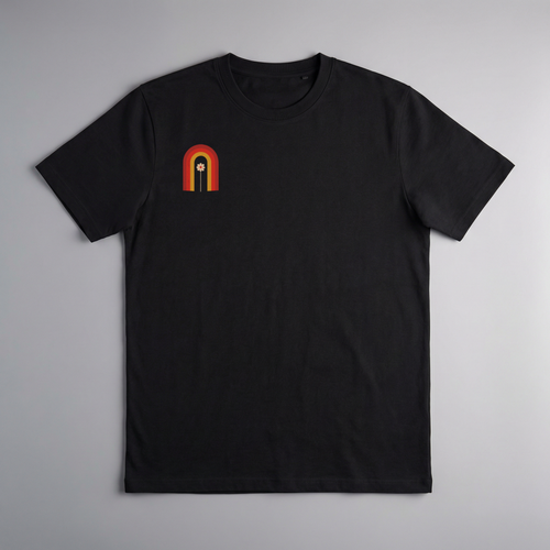 gravisk Bloom Arch organic graphic tee. Left-chest arch in amber and burnt orange, a single flower growing inside.
