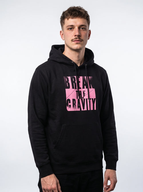 gravisk Break The Gravity graphic hoodie in organic cotton. Heavy pink block letters with torn, sprayed edges.