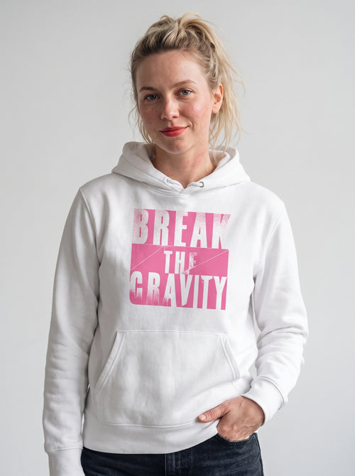 gravisk Break The Gravity graphic hoodie in organic cotton. Heavy pink block letters with torn, sprayed edges.