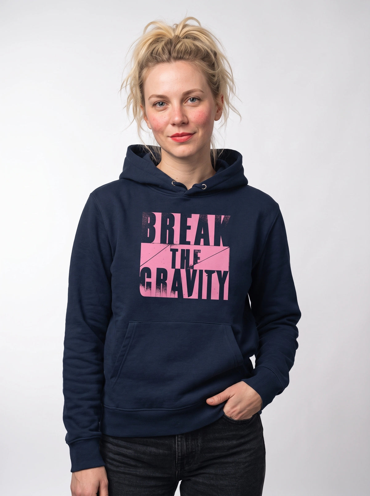 gravisk Break The Gravity graphic hoodie in organic cotton. Heavy pink block letters with torn, sprayed edges.