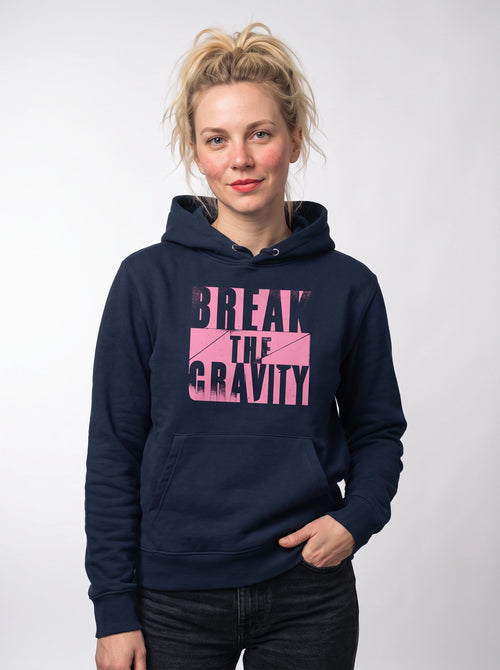 gravisk Break The Gravity graphic hoodie in organic cotton. Heavy pink block letters with torn, sprayed edges.