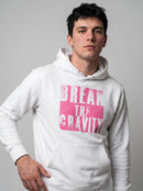 gravisk Break The Gravity graphic hoodie in organic cotton. Heavy pink block letters with torn, sprayed edges.