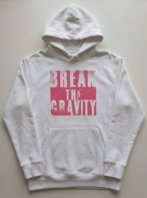 gravisk Break The Gravity graphic hoodie in organic cotton. Heavy pink block letters with torn, sprayed edges.