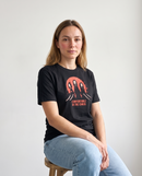 gravisk Comfortable in the Chaos organic graphic tee. Three warriors before a blood-red moon, feudal ink print meets dark anime.