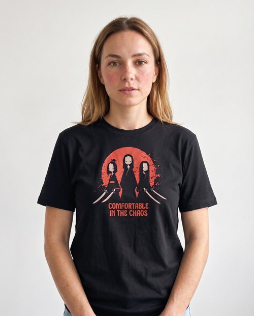 gravisk Comfortable in the Chaos organic graphic tee. Three warriors before a blood-red moon, feudal ink print meets dark anime.