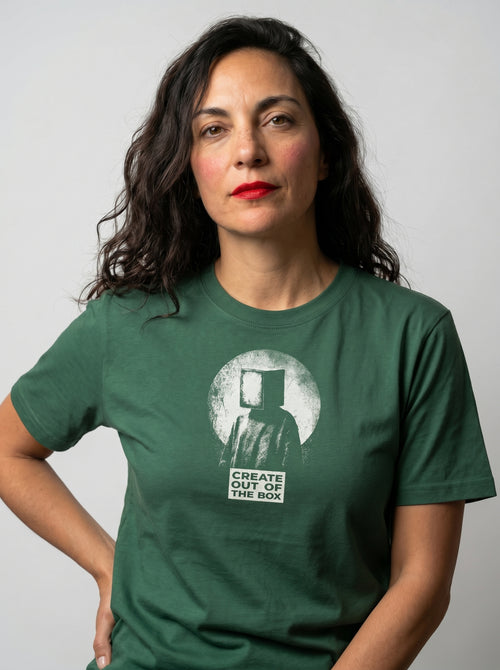 gravisk Create Out Of The Box organic graphic tee. Surreal stipple-art silhouette with a box for a head, under a full moon.