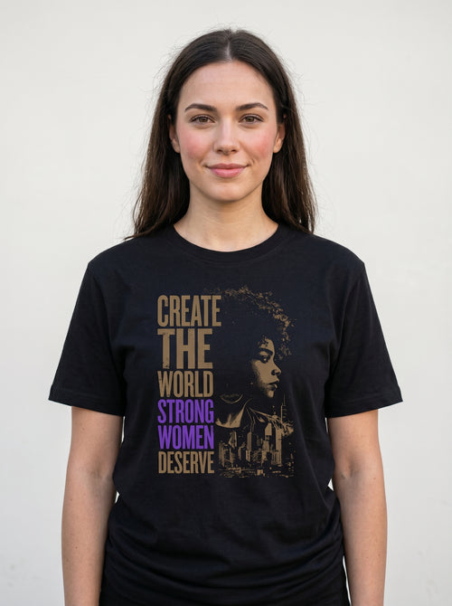 gravisk Create The World Strong Women Deserve organic graphic tee. A woman's profile beside a city skyline, gold type with STRONG WOMEN in purple.
