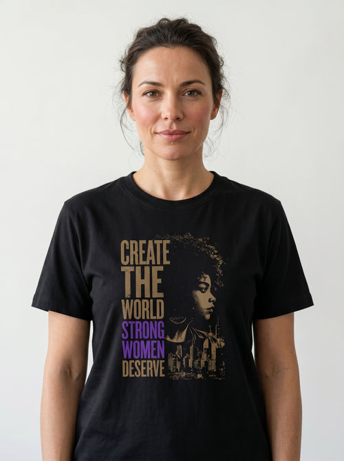 gravisk Create The World Strong Women Deserve organic graphic tee. A woman's profile beside a city skyline, gold type with STRONG WOMEN in purple.