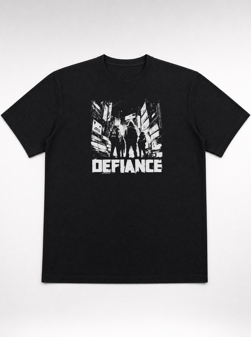 gravisk Defiance organic graphic tee. High-contrast scene of four figures standing their ground in urban ruins.