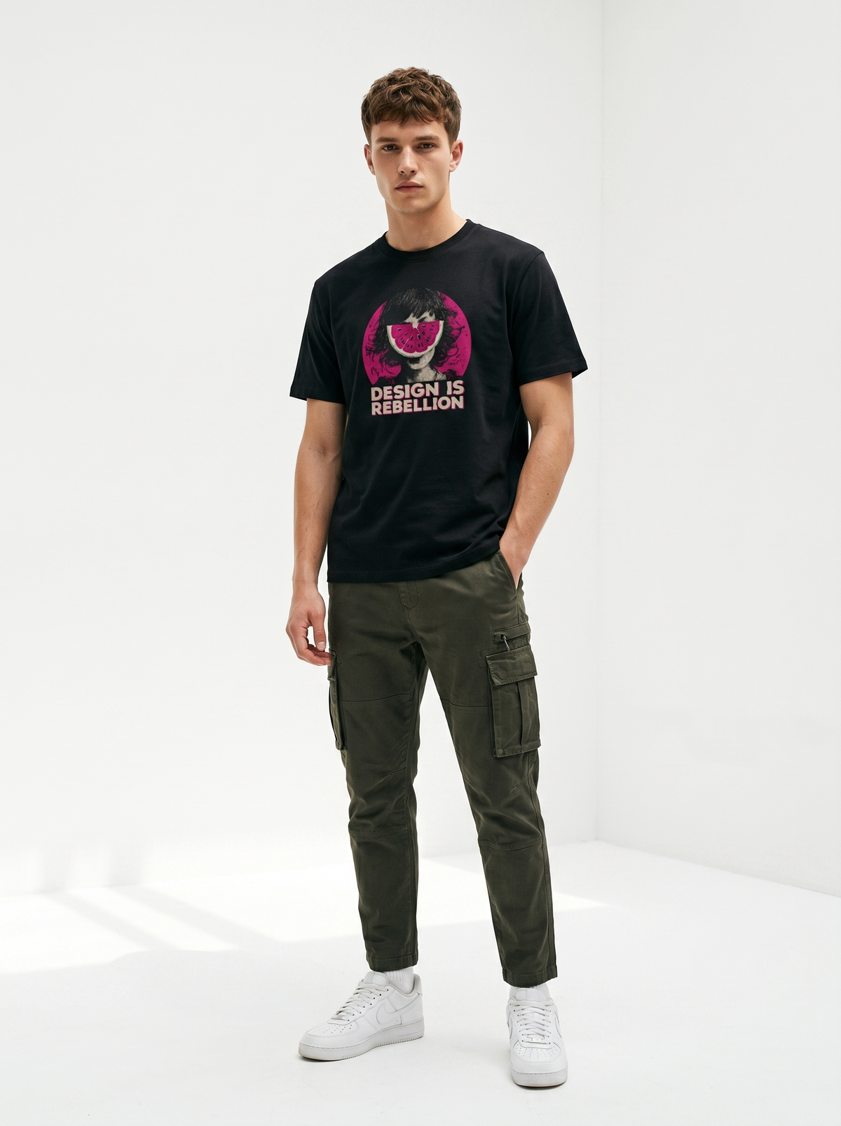 gravisk Design Is Rebellion organic graphic tee. Half-tone portrait with a watermelon mask in a magenta circle.