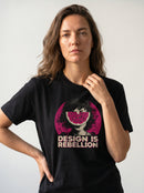 gravisk Design Is Rebellion organic graphic tee. Half-tone portrait with a watermelon mask in a magenta circle.