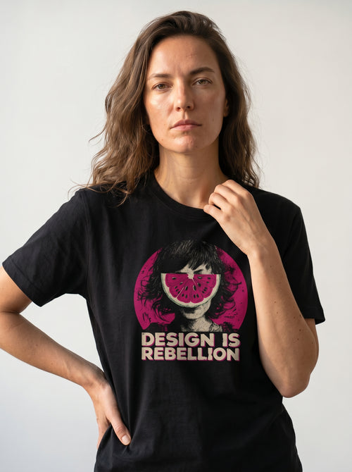 gravisk Design Is Rebellion organic graphic tee. Half-tone portrait with a watermelon mask in a magenta circle.