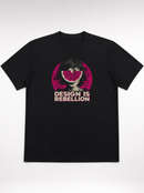 gravisk Design Is Rebellion organic graphic tee. Half-tone portrait with a watermelon mask in a magenta circle.