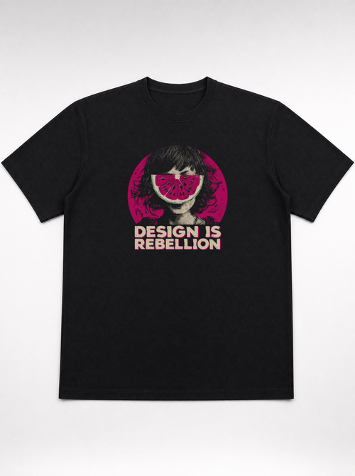 gravisk Design Is Rebellion organic graphic tee. Half-tone portrait with a watermelon mask in a magenta circle.