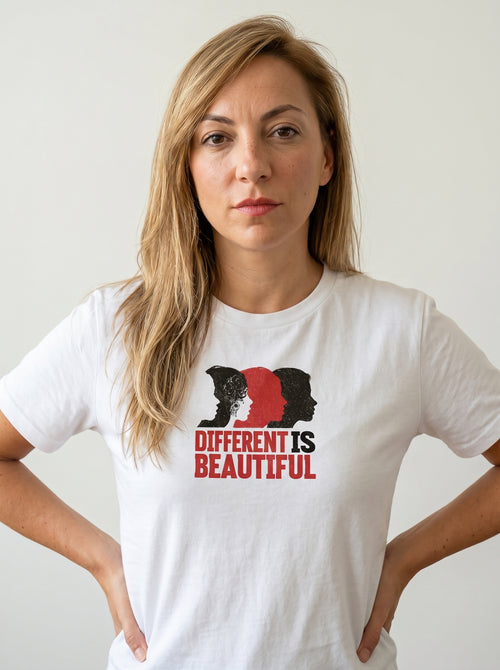 gravisk Different Is Beautiful organic graphic tee. Three profiles in red and black above DIFFERENT IS BEAUTIFUL.