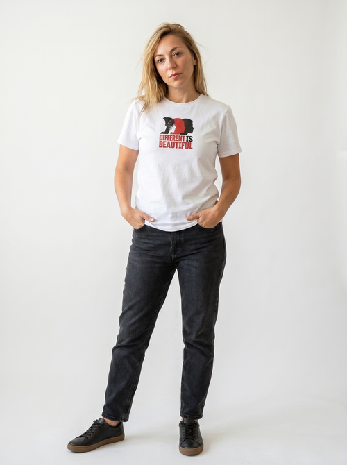 gravisk Different Is Beautiful organic graphic tee. Three profiles in red and black above DIFFERENT IS BEAUTIFUL.