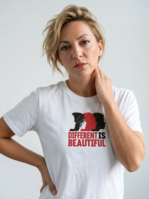 gravisk Different Is Beautiful organic graphic tee. Three profiles in red and black above DIFFERENT IS BEAUTIFUL.