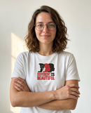 gravisk Different Is Beautiful organic graphic tee. Three profiles in red and black above DIFFERENT IS BEAUTIFUL.
