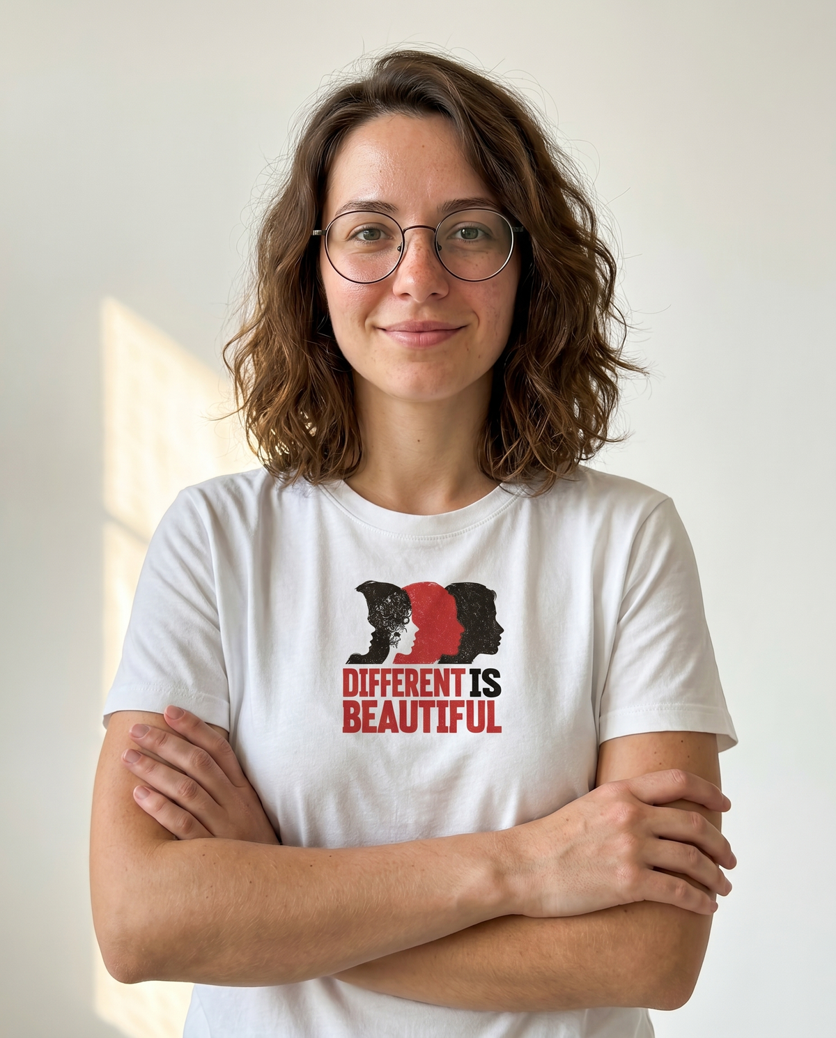 gravisk Different Is Beautiful organic graphic tee. Three profiles in red and black above DIFFERENT IS BEAUTIFUL.
