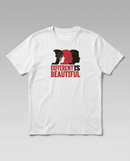 gravisk Different Is Beautiful organic graphic tee. Three profiles in red and black above DIFFERENT IS BEAUTIFUL.