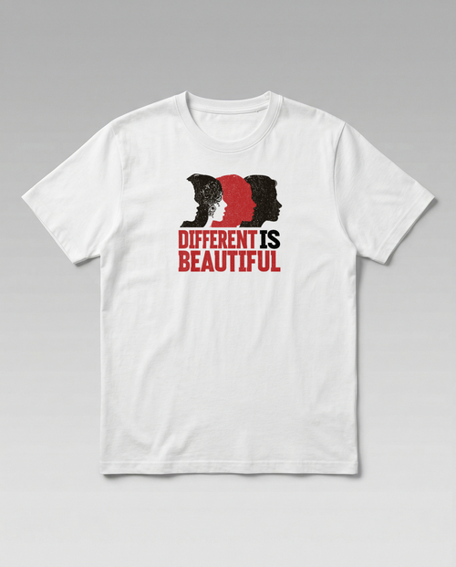 gravisk Different Is Beautiful organic graphic tee. Three profiles in red and black above DIFFERENT IS BEAUTIFUL.