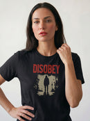 gravisk Disobey organic graphic tee. Distressed red DISOBEY type over a lone figure in an empty street.