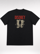 gravisk Disobey organic graphic tee. Distressed red DISOBEY type over a lone figure in an empty street.