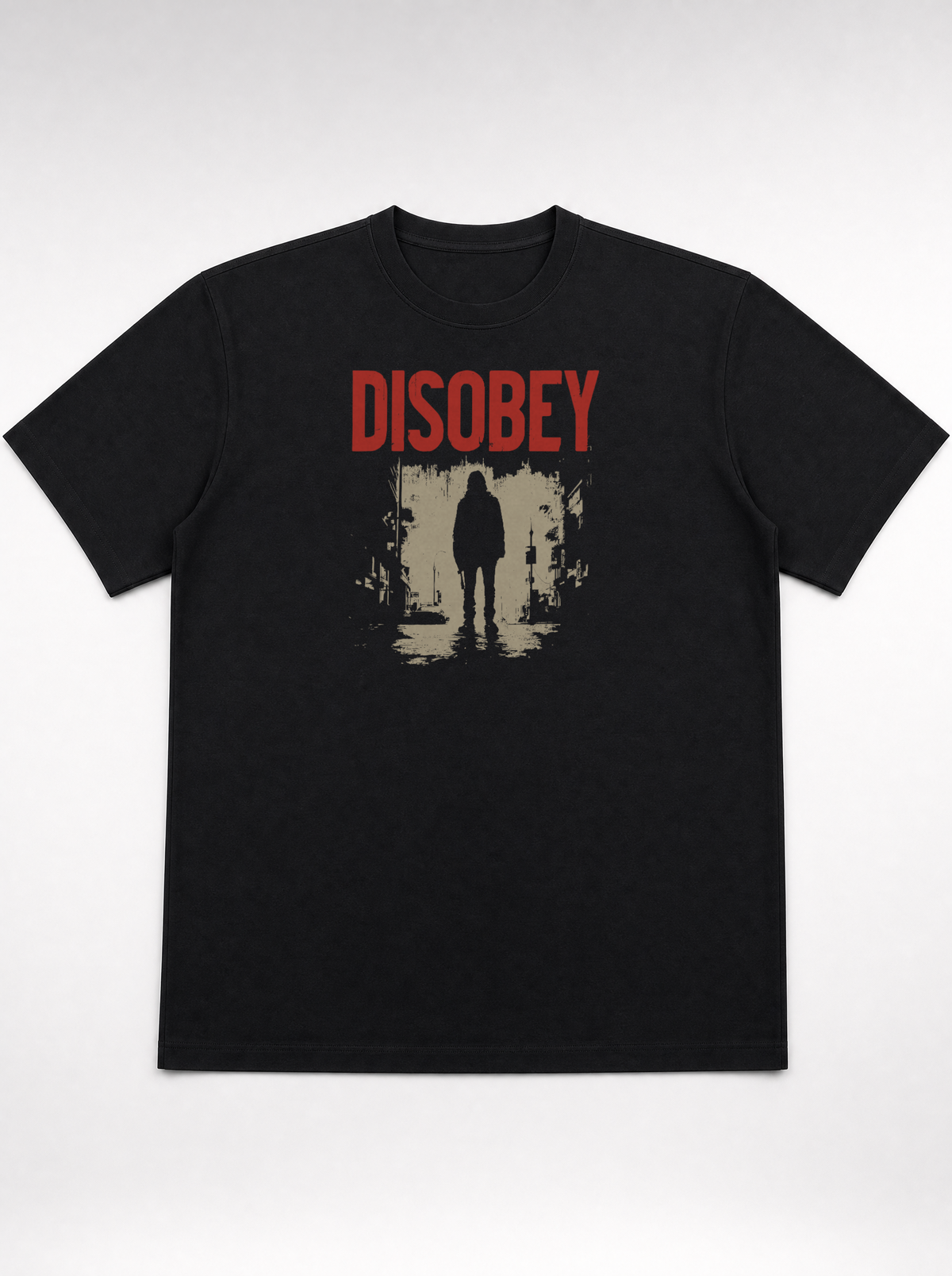gravisk Disobey organic graphic tee. Distressed red DISOBEY type over a lone figure in an empty street.