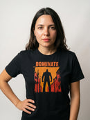 gravisk Dominate organic graphic tee. A lone silhouette in a burning amber street, DOMINATE in heavy caps above.