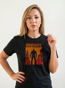 gravisk Dominate organic graphic tee. A lone silhouette in a burning amber street, DOMINATE in heavy caps above.