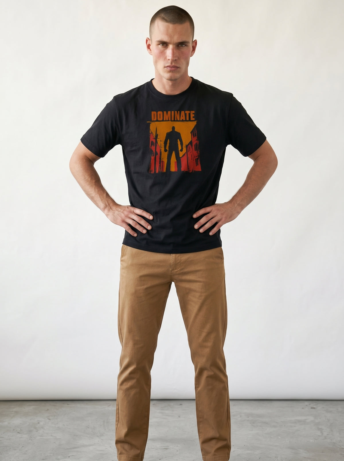 gravisk Dominate organic graphic tee. A lone silhouette in a burning amber street, DOMINATE in heavy caps above.