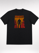 gravisk Dominate organic graphic tee. A lone silhouette in a burning amber street, DOMINATE in heavy caps above.