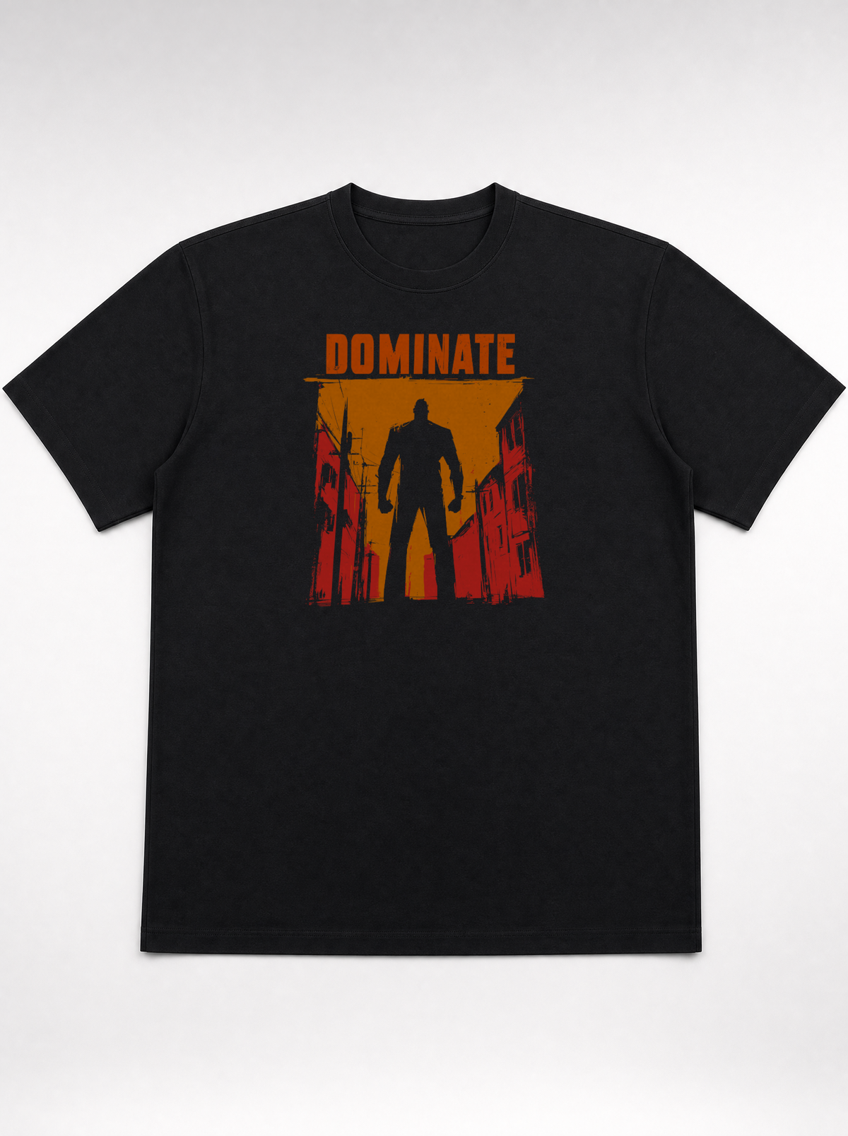 gravisk Dominate organic graphic tee. A lone silhouette in a burning amber street, DOMINATE in heavy caps above.
